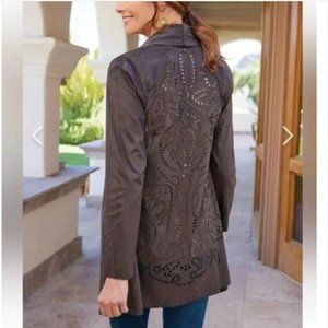 Soft Surroundings Draped Faux Suede brown laser cut Robin jacket. Medium.‎ EUC